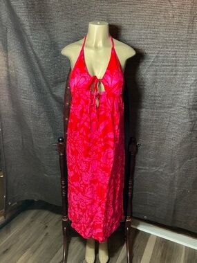 Vintage 70’s Hawaiian Red and Pink Backless Halter Dress.